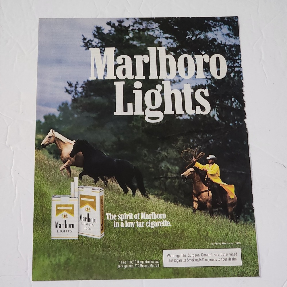 Vintage 1983 Marlboro Lights Print Ad Cowboy Horses Trees Magazine Clipping 8x11